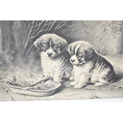 253 - An Edwardian Monochrome Print Depicting Pups with Bowl of Food After HH Couldery, 48x38cm