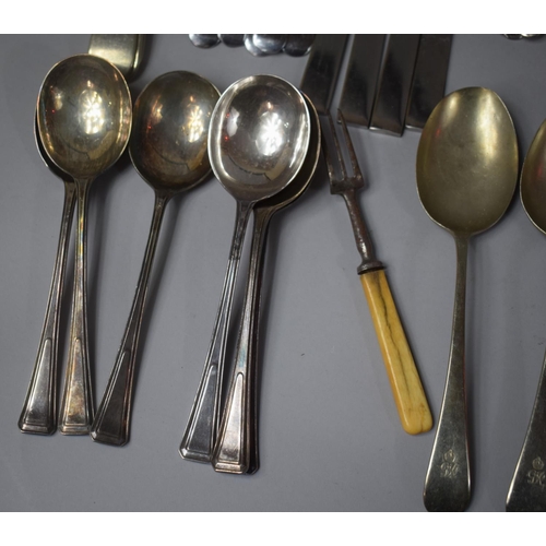 328 - A Collection of Various Silver Plated Cutlery Together with an Early 19th Century Three Pronged Bone... 