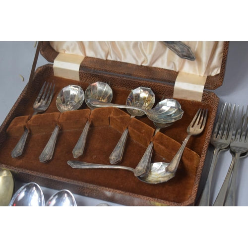 328 - A Collection of Various Silver Plated Cutlery Together with an Early 19th Century Three Pronged Bone... 