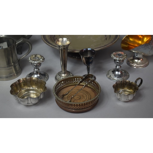 332 - A Collection of Various Metalwares to Comprise Pewter Teapot, Silver Plated Candle Holders, Silver P... 