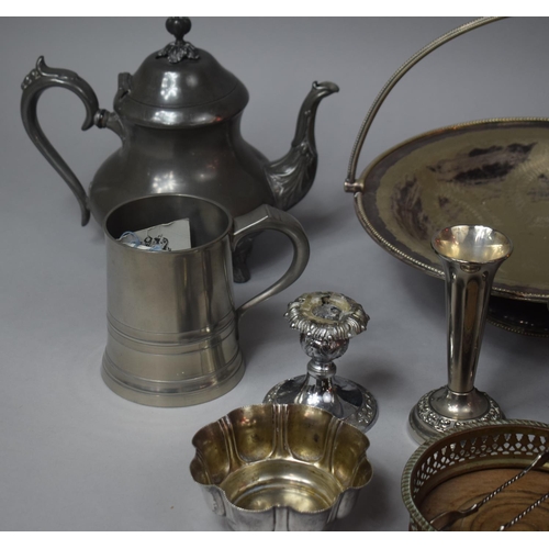 332 - A Collection of Various Metalwares to Comprise Pewter Teapot, Silver Plated Candle Holders, Silver P... 