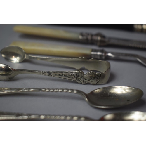 355 - A Collection of Silver Plate and Silver Items to Include Souvenir Spoons, Victorian Teaspoon and Sug... 