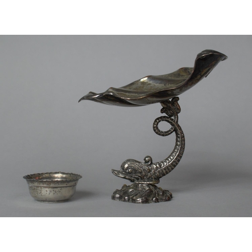 356 - A Maltese White Metal Shell Dish on Dolphin Support Together with a Small Silver Salt