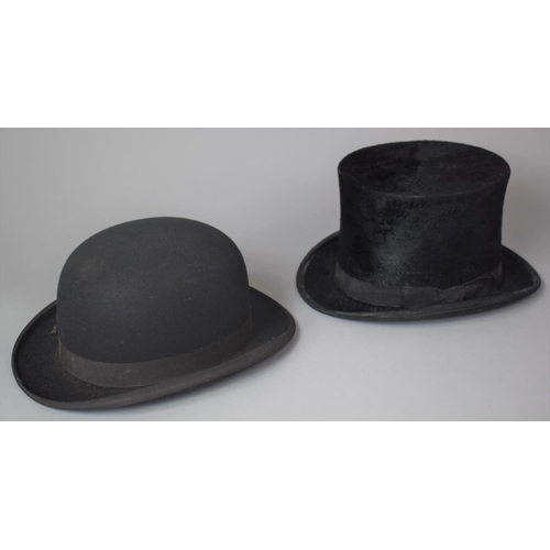 77 - A Moores Bowler Hat and a Silk Top Hat by Vadum Size 6 3/4