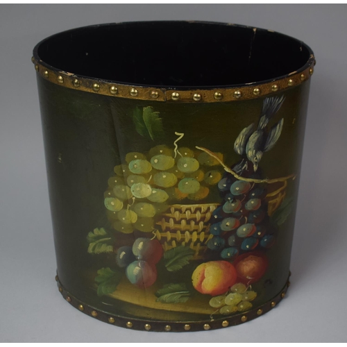 85 - A Hand Painted Oval Waste Paper Bin with Fruit Decoration, 33cm high