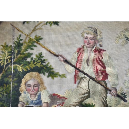 111 - An Early 19th Century Mahogany Framed Circular Tapestry Depicting Boy Fishing with Girl Reclining on... 