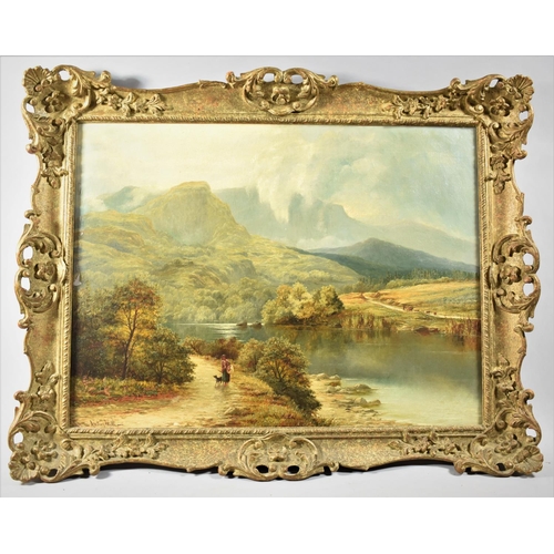 121 - A Gilt Framed 19th Century Oil on Canvas Depicting Lake Scene with Dog and Figure on Lane, Signed Ar... 