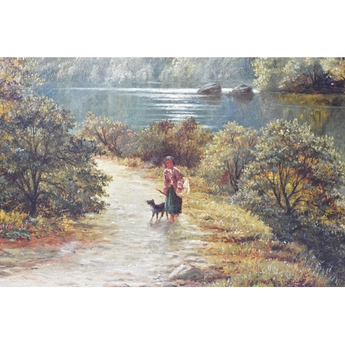 121 - A Gilt Framed 19th Century Oil on Canvas Depicting Lake Scene with Dog and Figure on Lane, Signed Ar... 