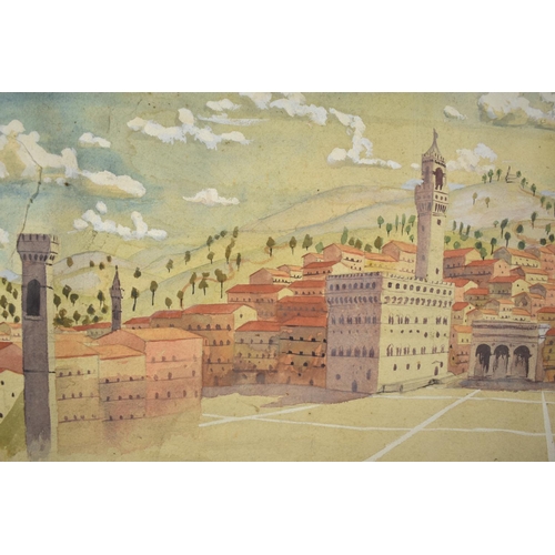 133 - A Framed Annotated Artist's Sketch Depicting Middle Eastern City Square with Minarets, 58x49cm