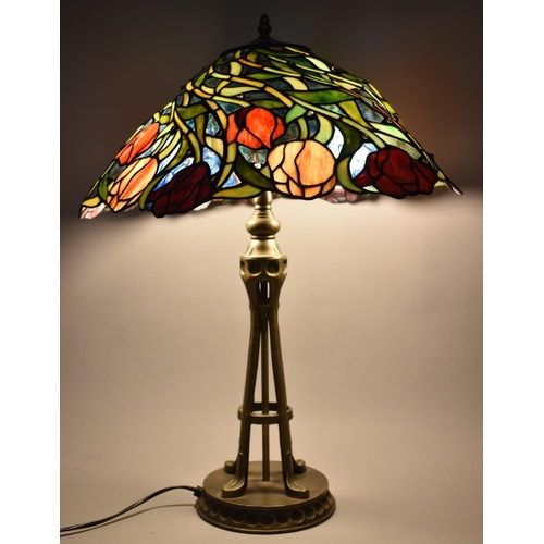 148 - A Reproduction Tiffany Style Two Branch Table Lamp with Tulip Decorated Shade, 64cm high