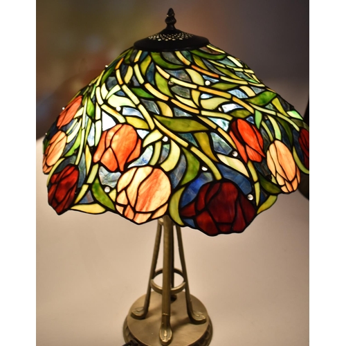 148 - A Reproduction Tiffany Style Two Branch Table Lamp with Tulip Decorated Shade, 64cm high