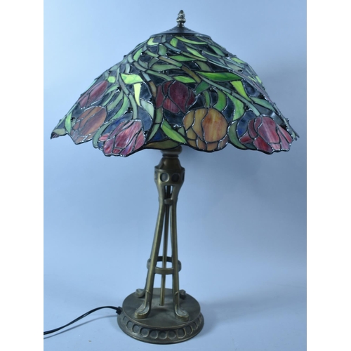 148 - A Reproduction Tiffany Style Two Branch Table Lamp with Tulip Decorated Shade, 64cm high