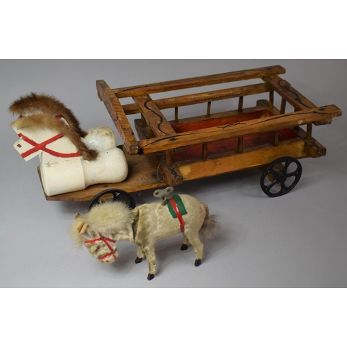 175 - A Handmade Wooden Pull Along Toy In the Form of Two Horse Cart Together with a Clock Work Donkey (AF... 