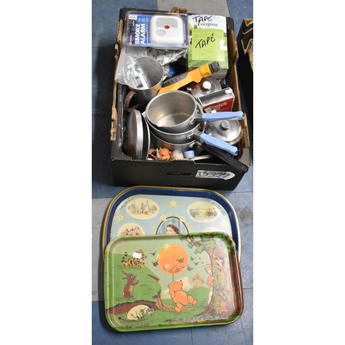 403 - A Box of Kitchen Wares to Include Pots, Pans, Stainless Steel, Smoke Alarm, Trays etc