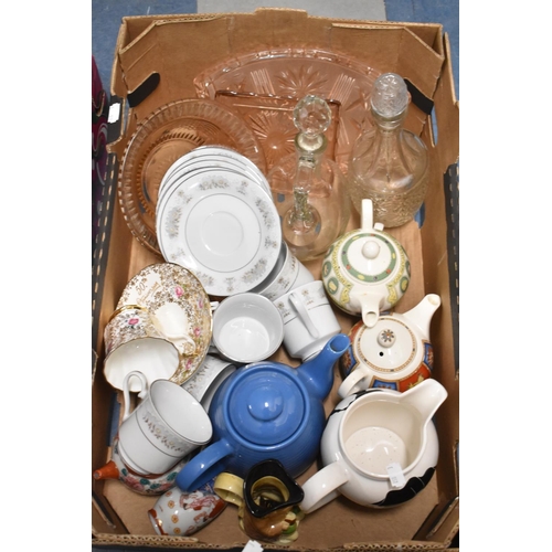 405 - A Box Containing Ceramics and Glass to Include Teapots, Jugs, Cups and Saucers, Decanters etc