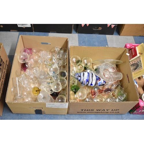 407 - Two Boxes of Coloured and Plain Drinking Glasses, End of the Day glass Fish (AF), Paperweight etc