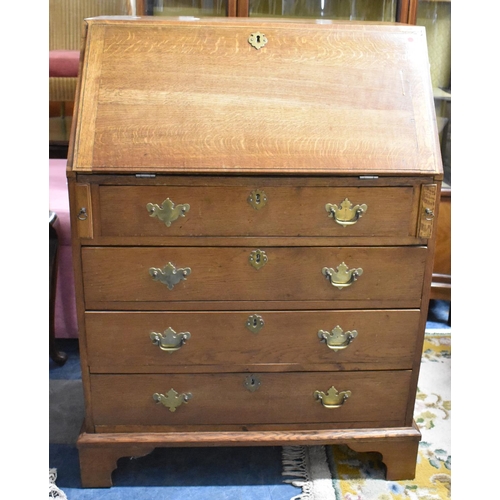 488 - An Edwardian Oak Fall Front Bureau with Four Drawers to Base, Fitted Interior, 76cm wide