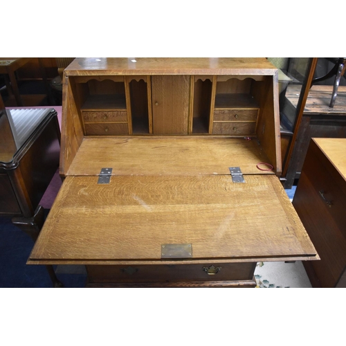 488 - An Edwardian Oak Fall Front Bureau with Four Drawers to Base, Fitted Interior, 76cm wide