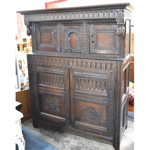 495 - An Early Carved Oak Court Cupboard the Base Section with Carved and Panel Doors to Shelved Interior,... 