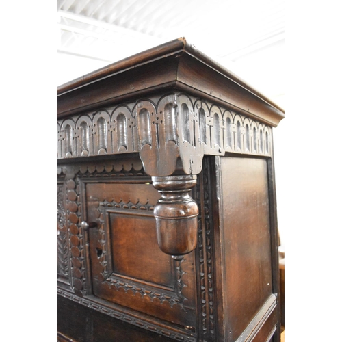 495 - An Early Carved Oak Court Cupboard the Base Section with Carved and Panel Doors to Shelved Interior,... 