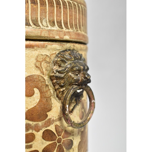 81 - A Reproduction Cylindrical Lidded Container on Three Scrolled Feet, Lion Mask and Ring Handles, 37cm... 