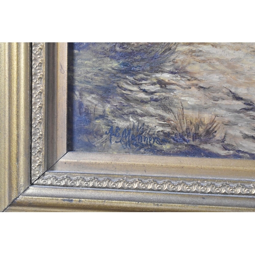 93 - A Gilt Framed Oil on Card Depicting Lake Scene, Signed AJ  Manners, 47x37cm