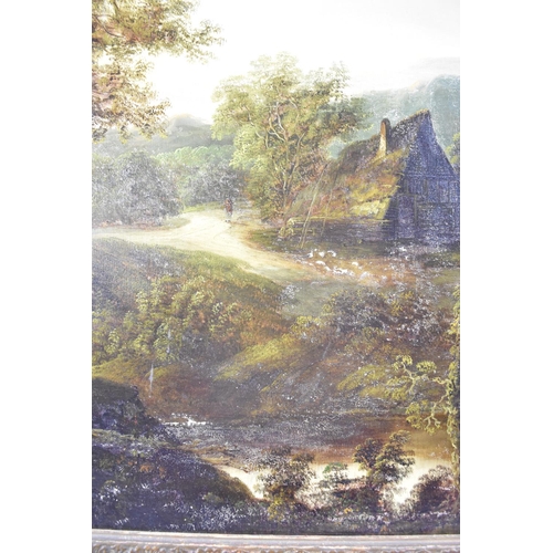 94 - A Gilt Framed Oil on Card, Depicting Rural Cottage and Lane with Figure, Some Rubbing, 59x50cm