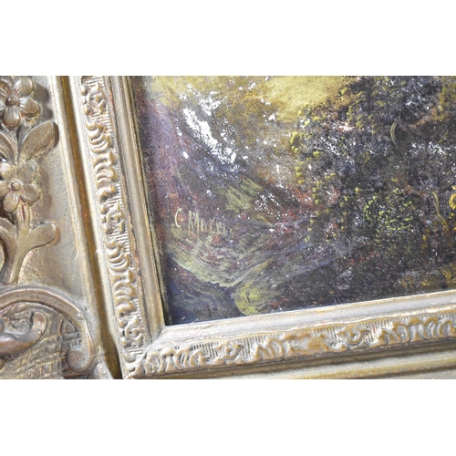 94 - A Gilt Framed Oil on Card, Depicting Rural Cottage and Lane with Figure, Some Rubbing, 59x50cm