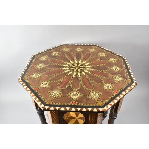 95 - A Highly Varnished Inlaid Octagonal Topped Table with Stretcher Shelf and Turned Supports, 51cm Diam... 