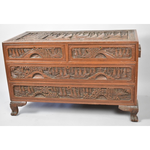 118 - A Mid 20th Century Heavily Carved Camphor Chest of Two Short and Two Long Drawers on Carved Bracket ... 