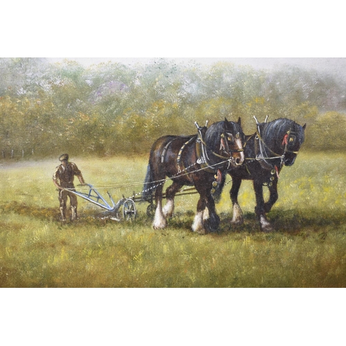 125 - A Gilt Framed Oil on Card Depicting Heavy Horses Ploughing, Signed Reg Brown, 40x30cm