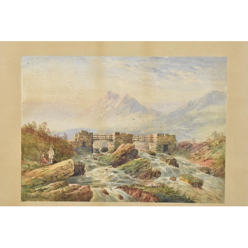 160 - A Gilt Framed Watercolour Depicting Highland River with Figures and Bridge, 27.5x39cm, Signed W A Be... 