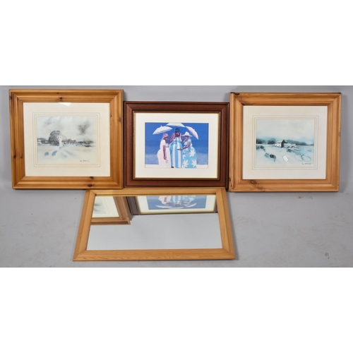 224 - A Pair of Pine Framed Prints, Framed Caribbean Print and a Mirror