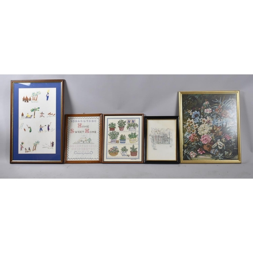 225 - A Collection of Four Embroideries, Tapestry and a Print