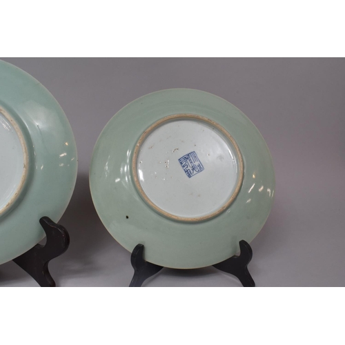 230 - Two Late 19th/Early 20th Century Celadon Glazed Famille Rose Plates, with Applied Enamel Decoration ... 