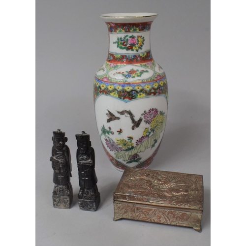 234 - A Chinese Vase Together with a Metal Mounted Box Decorated in Relief with Dragon and Two Carded Ston... 