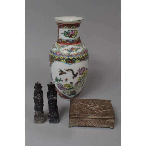 234 - A Chinese Vase Together with a Metal Mounted Box Decorated in Relief with Dragon and Two Carded Ston... 