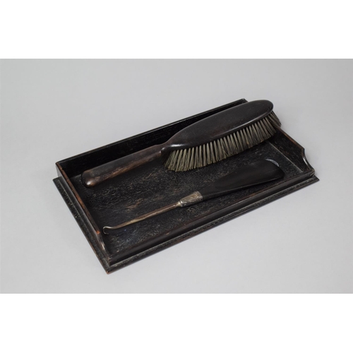 242 - An Edwardian Ebonised Dressing Table Tray Containing Brush and Silver Mounted Combination Button Hoo... 