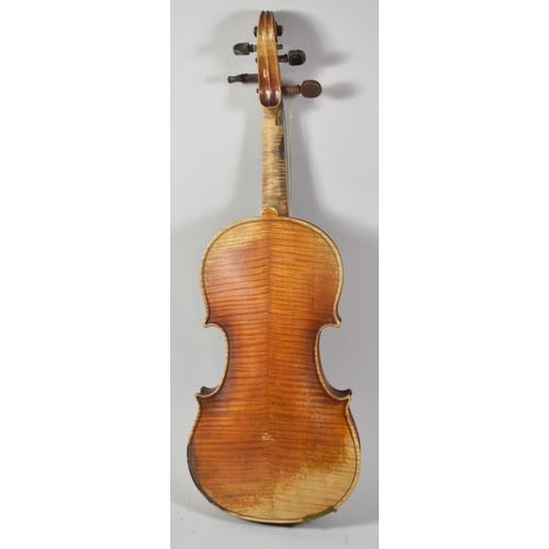 58 - A Cased Vintage Violin and Bow, Both In Need of Attention