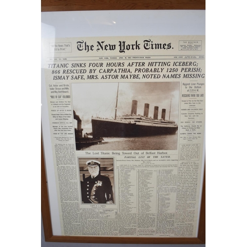 74 - A Framed Reprinted Front Page of The New York Times Tuesday April 16th 1912, Titanic Sinks, 99x69cm