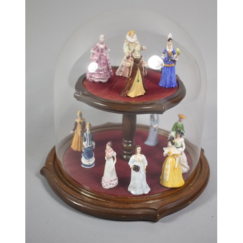 98 - A Collection of Twelve Miniature Royal Doulton Ladies on Two Tier Stand with Glass Dome, 18cm high