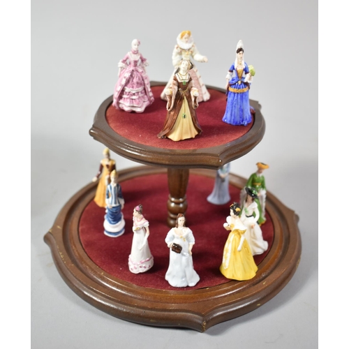 98 - A Collection of Twelve Miniature Royal Doulton Ladies on Two Tier Stand with Glass Dome, 18cm high