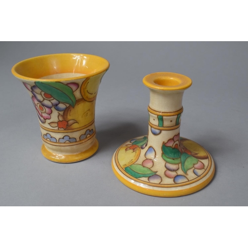 99 - A Bursley Ware Charlotte Rhead Candle Stick and Vase, Vase 11cm high