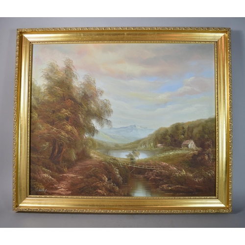 137 - A Gilt Framed Oil on Canvas Depicting Cottages Beside Lake with Mountain in Distance, Signed Enderby... 