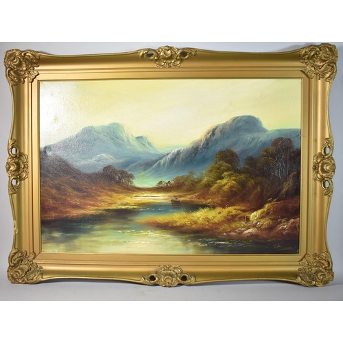 144 - A Large Gilt Framed Oil on Canvas Depicting Scottish Loch Scene, Signed G Jennings, 75x50cm