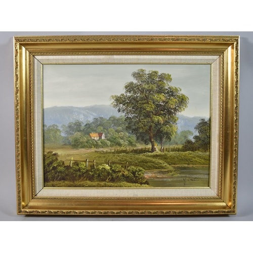 145 - A Modern Gilt Framed Oil on Canvas Depicting Rural Scene Singed F Chilton, 40x29cm