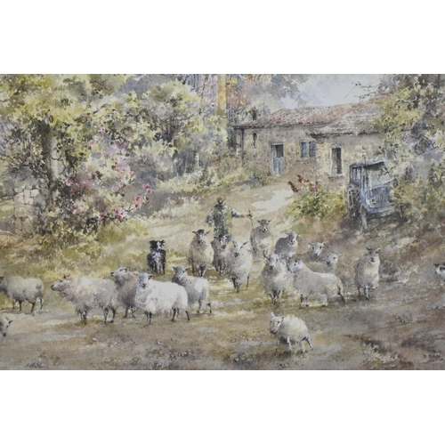 148 - A Framed Nancy Dyson Limited Edition Print, Shepherd and Sheep in Farmyard, 28/500, 45x30cm