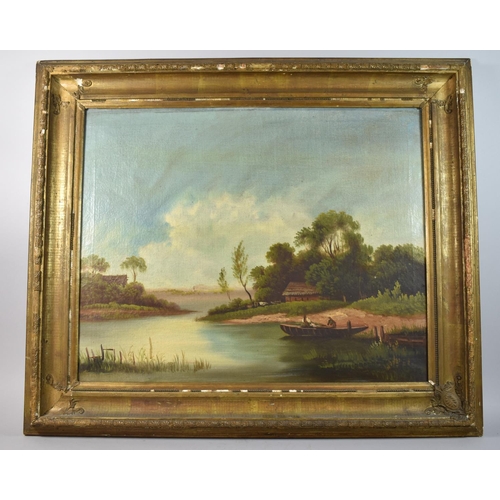 155 - A Gilt Framed 19th Century Oil on Canvas Depicting Boat with Figures on River, 65x53cm