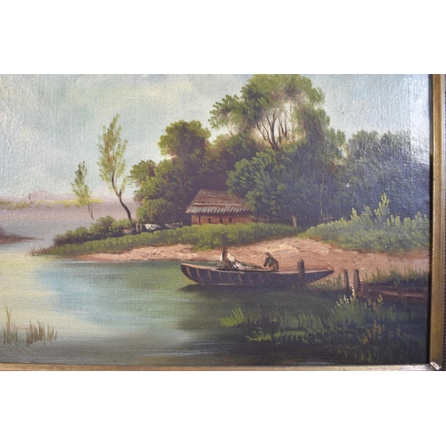 155 - A Gilt Framed 19th Century Oil on Canvas Depicting Boat with Figures on River, 65x53cm