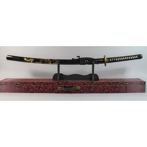 160 - A Cased Japanese Katana with Lacquered Scabbard Decorated with Dragons, Wall Hanging Rack etc 105cm ... 